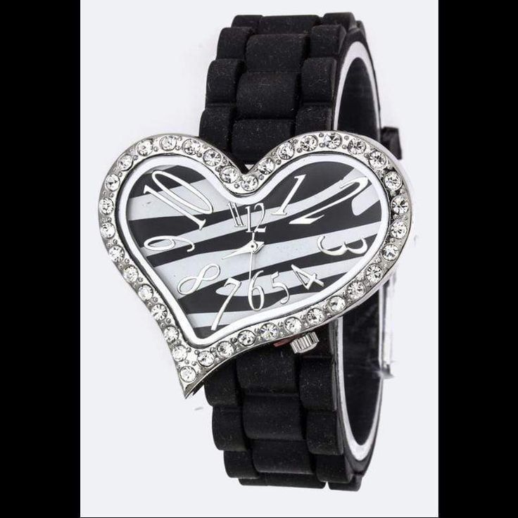 Bezel (approx face circumference) - 1.8" , Strap Width - .8", Stainless SteelBuckle Closure, Lead & Nickel Compliant #AffordableJewelry #FashionJewelry #JewelyAddict #ItsaBlingThing #AffordableFashion #Trendy #WristGame #Watch #FashionWatch #RareFind Silver Heart-shaped Watch For Valentine's Day, Trendy Black Watch For Gift, Trendy Black Watch For A Gift, Trendy Black Watch As A Gift, Trendy Black Party Watches, Heart Watch, Wrist Game, Black Animals, Affordable Jewelry