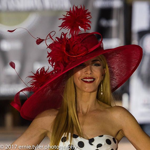 2018 collection.Designer hat Couture hat. Red hat. Kentucky - AnnettesCouture Red Hat Outfit, Derby Hats Diy, Kentucky Derby Outfit, Derby Attire, Derby Fashion, Royal Ascot Hats, Derby Outfits, Couture Hats, Hat Wedding