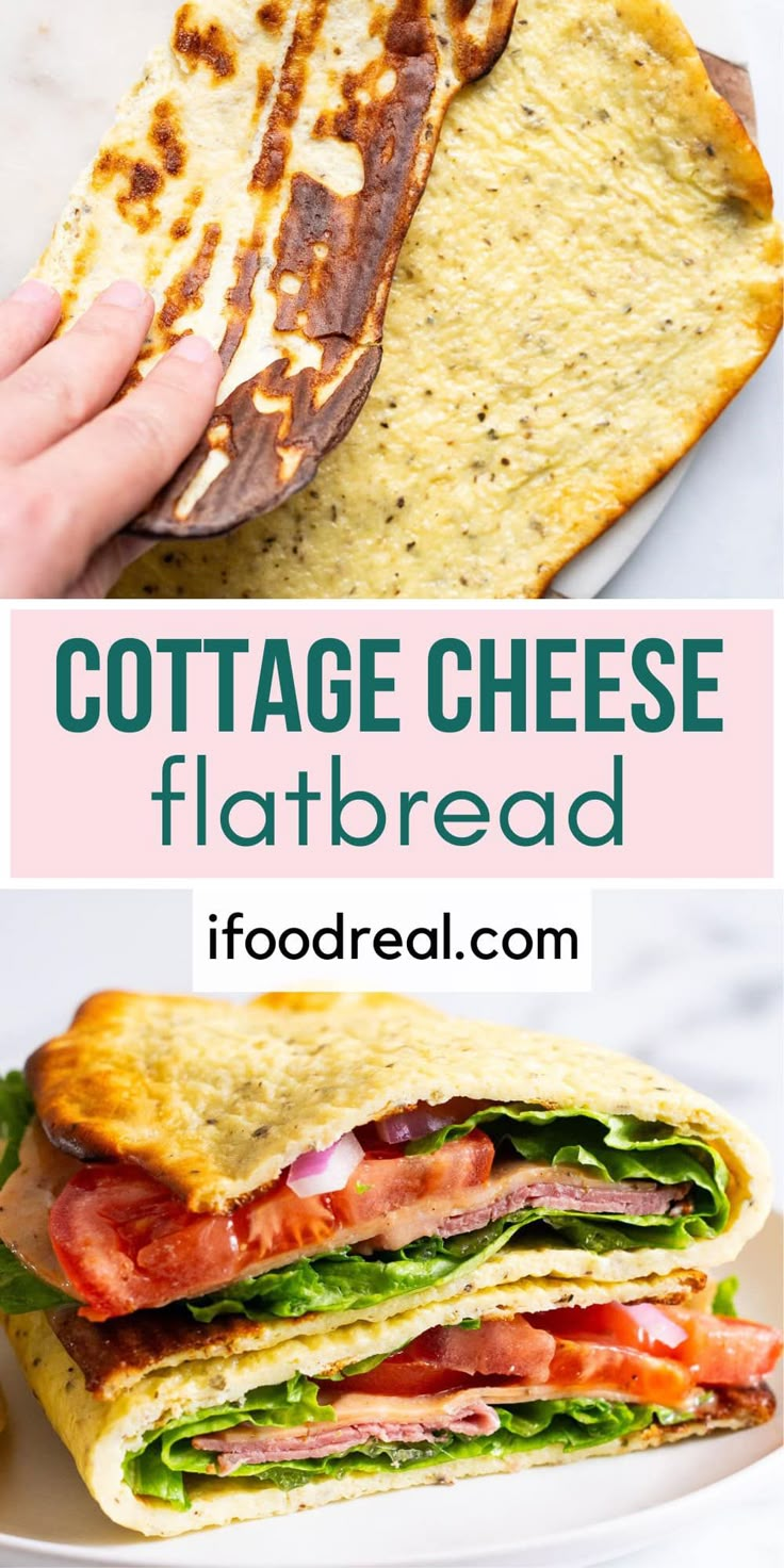 the ultimate cottage cheese flatbread sandwich with bacon, lettuce and tomato on it