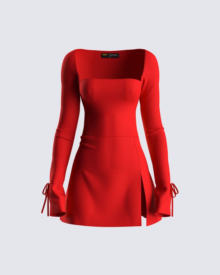 Ignite the night in this red mini dress designed to make heads turn ❤️ Crafted from stretch ponte, it boasts a sleek square neckline, alluring long sleeves with chic bow ties at the wrist, and a daring mini leg slit that'll have everyone burning up for you 🥵 Red Sleeve Dress, Lomg Sleeve Mini Dress, Red Xmas Dress, Long Sleeve Cinched Dress, Grade 8 Grad Dresses Short Red, White Dress Red Shoes, Short Dress With Long Boots, Red Chiffon Mini Dress, Red Dress With Tights