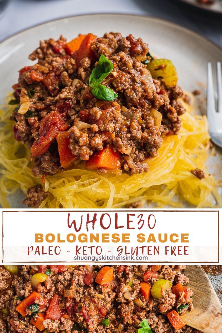 healthy bolognese sauce made with meat and vegetables is served with spaghetti squash Whole 30 Bolognese Sauce, Paleo Bolognese Sauce, Healthy Beef Bolognese Recipe, Keto Bolognese Sauce, Keto Bolognese Recipe, Bolognese Sauce Dairy Free, High Protein Bolognese, Dairy Free Bolognese Sauce, Healthy Bolognese Recipe