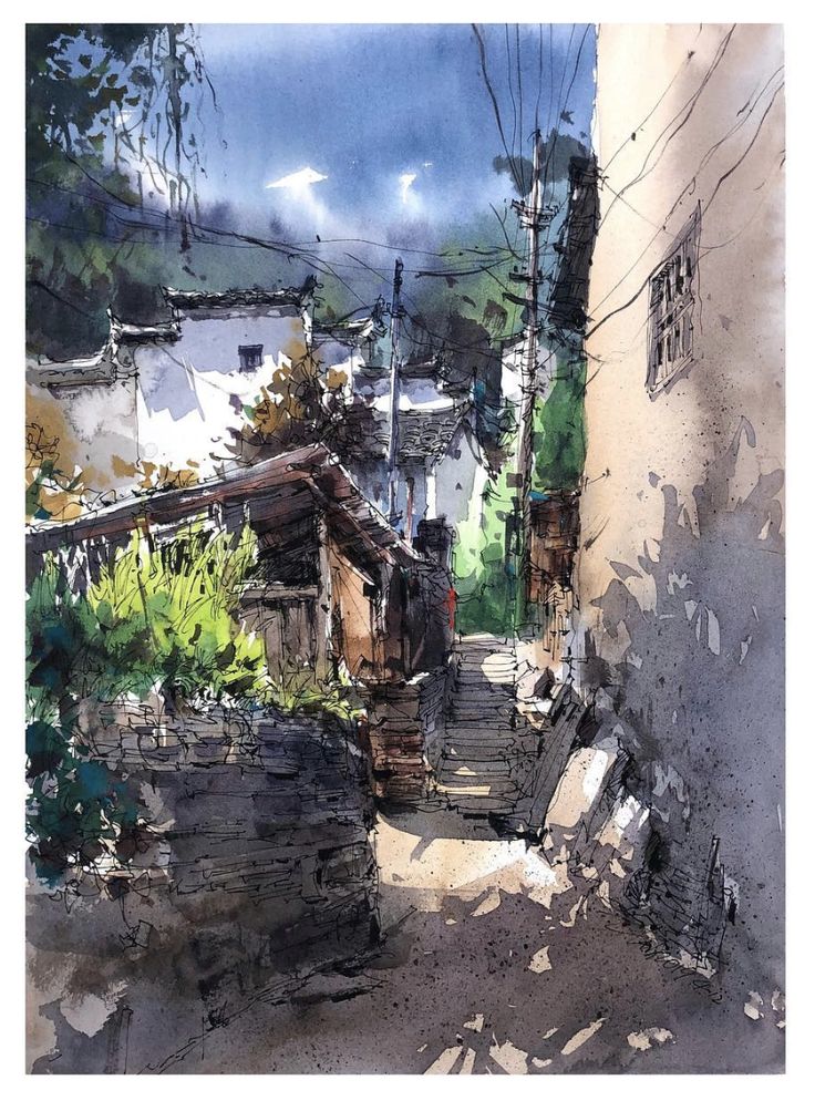 a watercolor painting of an alleyway with houses and trees in the background,