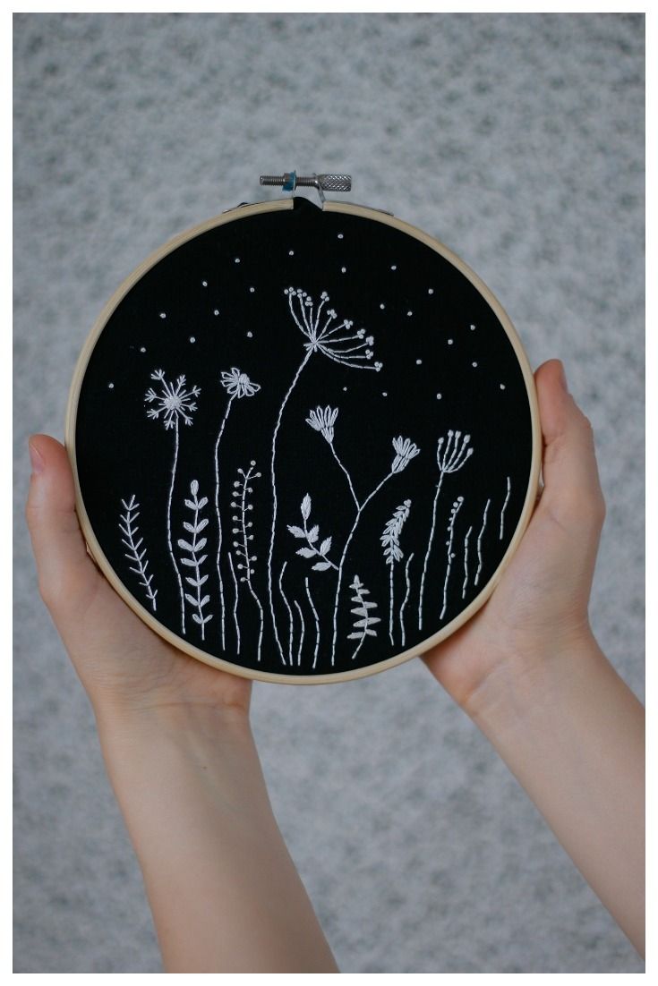 a person holding up a black and white embroidery art piece with flowers on it's side