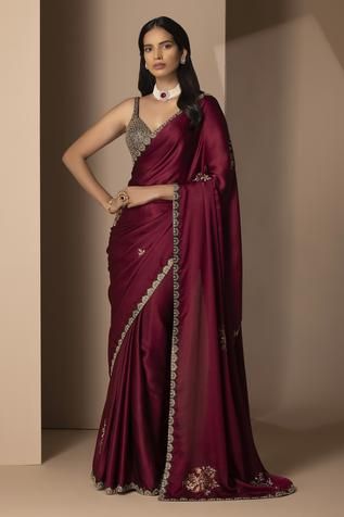 Shop for Chhaya Mehrotra Maroon Silk Satin Saree With Blouse for Women Online at Aza Fashions Farewell Saree, Farewell Sarees, Maroon Saree, Mehndi Outfits, Saree Blouse Styles, Simple Saree Designs, Saree Looks, Desi Fits, Fancy Sarees Party Wear