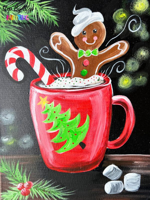 a painting of a christmas mug with a gingerbread in it