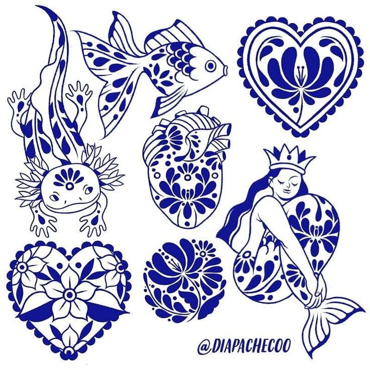 some blue and white tattoos with hearts, fish, flowers and other things on them