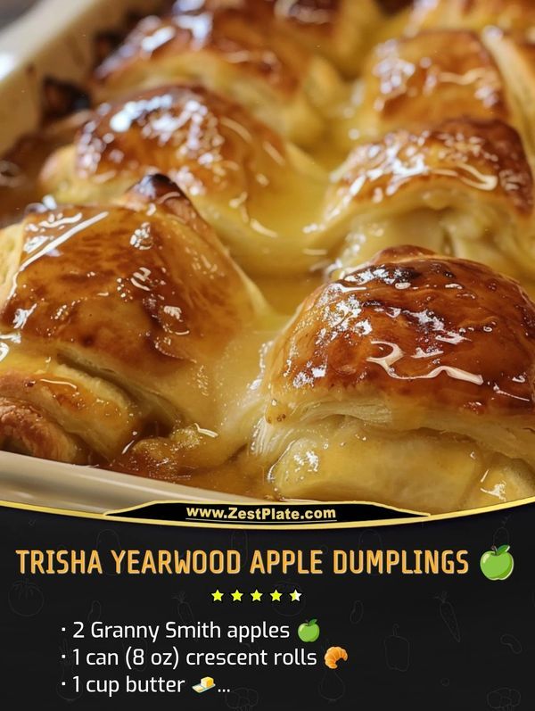 a close up of a casserole dish with apples in the background and an ad for fresh apple dumplings