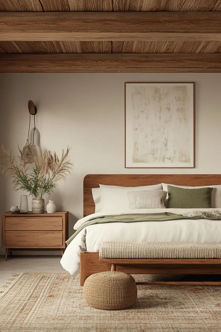 38 Elegant Mid Century Modern Bedroom Design Ideas | VIVA Mid Century Western Bedroom, Minimalistic Bedroom Furniture, Mid 20s Bedroom, Organic Modern Bedroom Green, Cozy Earthy Bedroom Boho, Bedroom Ideas Wood Furniture, Small Mid Century Bedroom, Organic Modern Bedroom Inspiration, Modern Boho Chic Bedroom