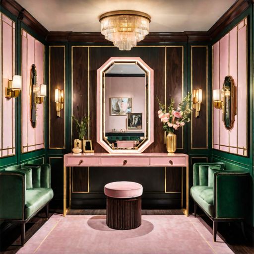 a pink and green dressing room with gold accents