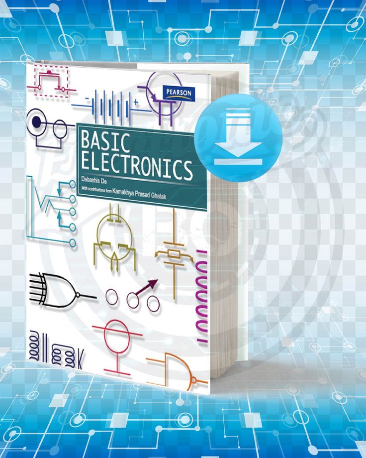 an electronic book with the title'basic electronics'in front of blue and white background