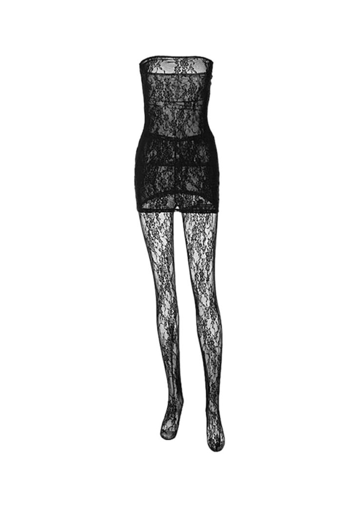 Details: Mesh tube dress with stockings design Bottom Length: Long Sleeve Length: Sleeveless Materials: 95% Polyester + 5% Spandex Stretch Stockings For Club, Thigh High Stretch Hosiery For Evening, Evening Fitted Thigh-high Stockings, Black Stretch Stockings For Evening, Fitted Thigh High Evening Stockings, Evening Thigh High Fitted Stockings, Black Fitted Hosiery For Evening, Fitted Black Stockings For Evening, Gothic Stretch Legwear For Night Out