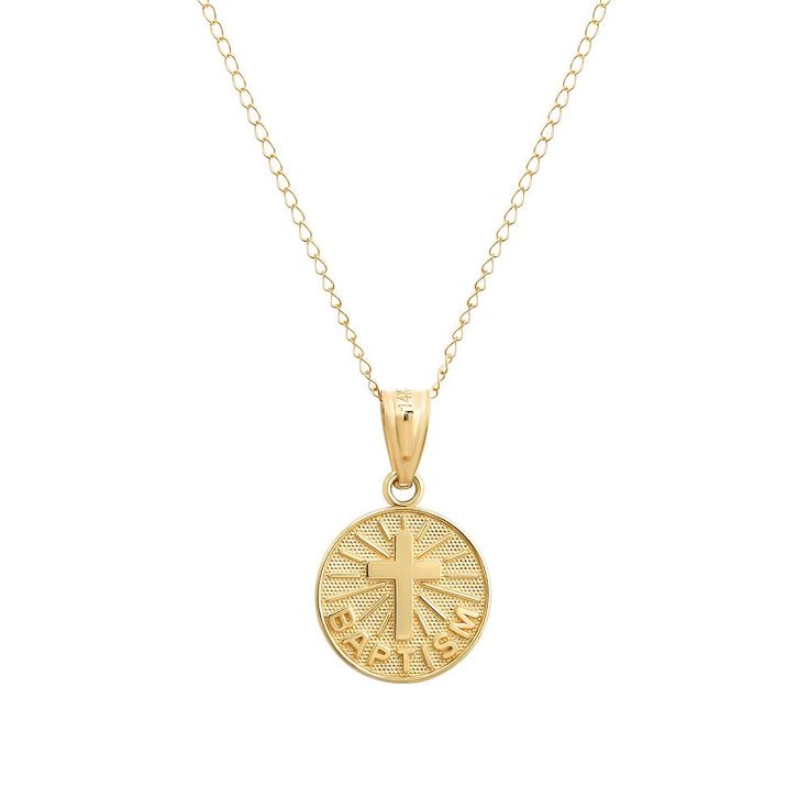 Celebrate her special day with this 14k gold Charming Girl baptism medallion pendant necklace. Click on this JEWELRY & WATCHES GUIDE to learn about fit, styles, materials and more! Celebrate her special day with this 14k gold Charming Girl baptism medallion pendant necklace. Click on this JEWELRY & WATCHES GUIDE to learn about fit, styles, materials and more! FEATURES Pendant dimensions: 0.7 in. x 0.4 in. Chain length: 18 in. Chain type: link Clasp: spring-ring Nickel free Metal: 14k gold Finish 14k Gold Cross Pendant Necklace For First Communion, Yellow Gold Pendant Jewelry For First Communion, Gold Pendant Necklace For Baptism, Yellow Gold Pendant For First Communion, Yellow Gold Cross Pendant For First Communion, Baptism Girl, Girls Jewelry, Gold Finish, Spring Rings