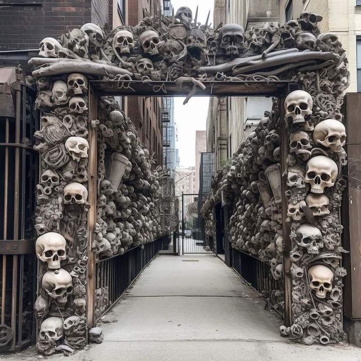 a bunch of skulls that are on the side of a building in front of a gate