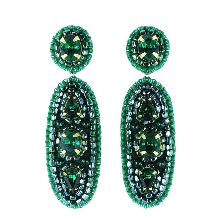 Statement chandelier earrings in emerald green color. Each bead is hand sewn very precisely to create this luxury beaded jewelry. Very high fashion, sophisticated and light weight. Material: Austrian crystals, seed beads, suede, gold-filled ear post Dimensions: Length: 2.2 in (5.5 cm) Width: 0.7 in (1.7 cm) Made in USA Item# BDA103 Fashion Sophisticated, Green Chandelier, Green Chandeliers, Pearl Farm, Statement Chandeliers, Freshwater Pearl Jewelry, Cocktail Jewelry, Emerald Wedding, Favourite Colour