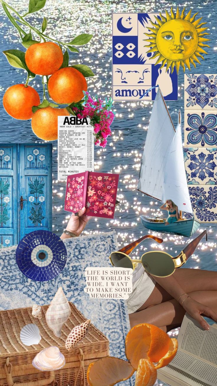 a collage with oranges, books and other things on it's cover