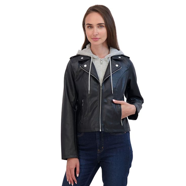 This stylish women's faux leather hooded moto jacket from Sebby is sure to quickly become a staple in your closet.Click on this WOMEN'S GUIDE to find the perfect fit and more! This stylish women's faux leather hooded moto jacket from Sebby is sure to quickly become a staple in your closet. Click on this WOMEN'S GUIDE to find the perfect fit and more! FEATURES Attached hood Zipper front closure Long sleeves 2 functional zipper pockets Soft faux leather construction with fleece inner hood & bib Fu Spring Hooded Leather Jacket With Zipper Closure, Spring Hooded Leather Jacket With Zipper, Winter Biker Jacket With Double-lined Hood, Spring Biker Leather Jacket With Hood, Fitted Hooded Leather Jacket For Spring, Casual Hooded Biker Jacket With Zipper Closure, Casual Hooded Biker Jacket With Zipper, Hooded Leather Jacket With Zipper For Fall, Hooded Biker Jacket For Fall