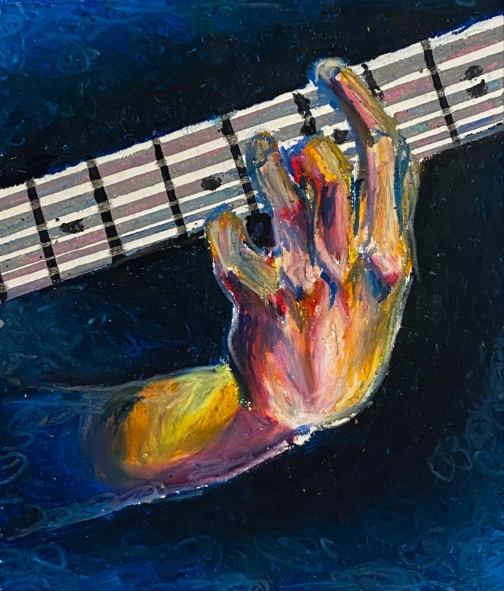 a painting of a person's hand on top of a guitar string with the strings down