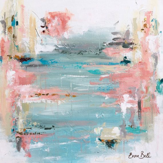 an abstract painting with blue, pink and white colors