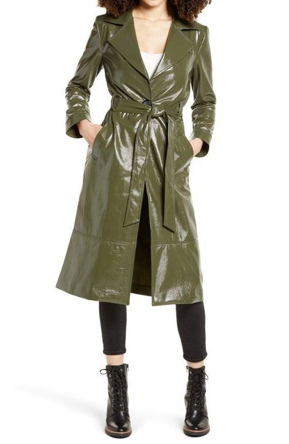 Features:- *genuine lambskin leather *full lining polyester   *front belt closer  *wrap style Coat  *you can make it according to you as  customized work  * bulk order is also available  Why buy with us:- we use top quality leather only. we provide 100% satisfaction. Lowest price guarantee. We offer free shipping. we accept return and provide a full refund in some cases. We get your order started just after purchase to ensure it gets shipped within 2 to 3 days. we hope you enjoy visiting our sto Colorful Fall Outfits, Olive Green Coat, Custom Leather Jackets, Leather Trench, Leather Pant, Real Leather Jacket, Nordstrom Anniversary Sale, Leather Trench Coat, Green Coat