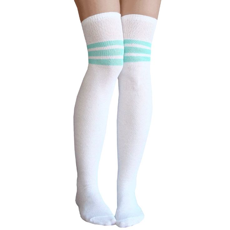 Three Mint Green Stripes Adorn The Upper Part Of The Socks To Add Elegant Flair For A Style That Is Simple But Timeless. Made In Usa Size: Women's 7-11 Material: 80% Cotton, 20% Nylon & Elastic Length: 32” - 34” Before Stretched Casual White School Socks, White Stretch Casual Hosiery, Casual White Stretch Hosiery, Trendy White Knee-high School Socks, White Knee-high School Socks, Trendy White Knee-high Socks For School, White Thigh High Stretch Socks, White Casual Knee-high Stockings, White Knee-high Casual Stockings