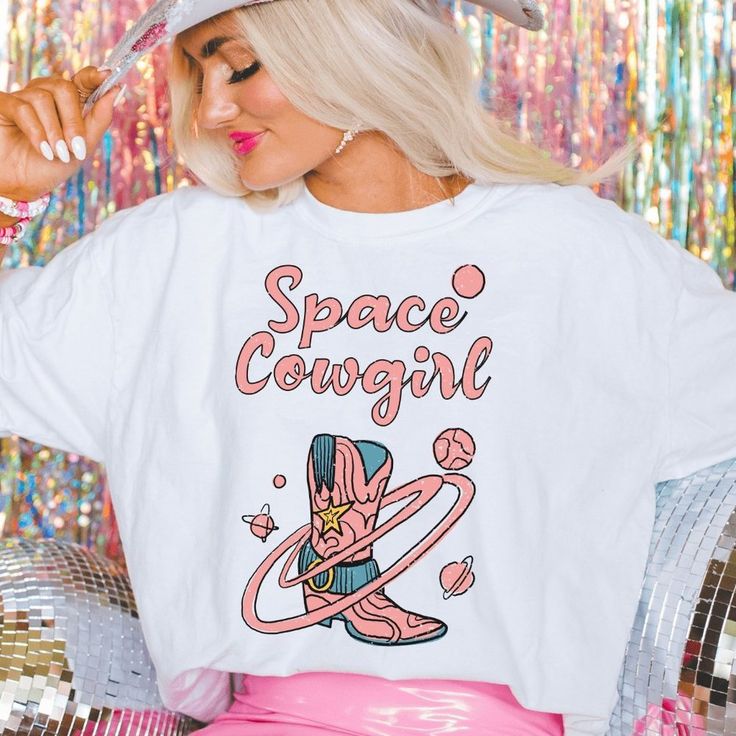 Get Ready For A Night Out Or Comfy Stay In With Our Distressed "Space Cowgirl" Tee. Size Up For An Oversized Fit! Handmade By A Small Business. Casual Graphic Print T-shirt For Pajama Party, Pink Graphic Print Top For Pajama Party, Trendy Cotton Tops For Pajama Party, Long Sleeve Letter Print Tops For Pajama Party, Casual White Top For Sleepover, Long Sleeve Tops With Letter Print For Pajama Party, White Graphic Print Shirt For Loungewear, Trendy White Shirt For Loungewear, Cute Tops For Pajama Party In Spring