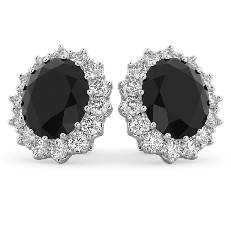 Oval Black Diamond & Diamond Accented Earrings 14k White Gold (10.80ctw) - Allurez.com Luxury Oval Brilliant Cut Diamond Earrings, Luxury Oval Diamond Earrings For Wedding, Luxury Oval Diamond Cut Earrings, Luxury Black Diamond Jewelry Gift, Luxury Dazzling Oval Earrings, Luxury Black Diamond Wedding And Engagement Jewelry, Luxury Dazzling Oval Diamond Earrings, Luxury Elegant Black Diamond Earrings, Luxury Black Diamond Earrings Elegant Style