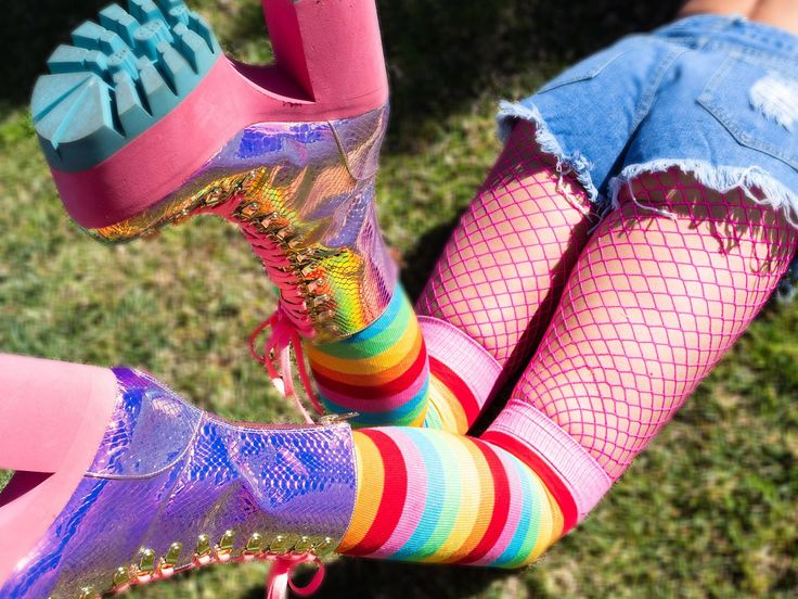 Rainbow Rave Outfit, Thigh High Tube Socks, Neon Socks, Striped Tube Socks, Striped Knee High Socks, Tights Outfits, Rainbow Socks, Cheeky Shorts, Blue Bodysuit