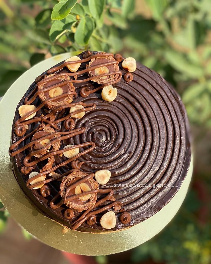 a cake with chocolate frosting and nuts on top sitting in front of a bush