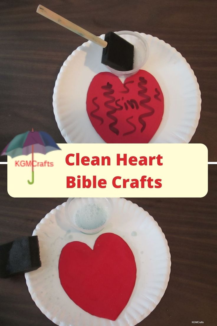 two paper plates with hearts on them and the words clean heart bible crafts written in red