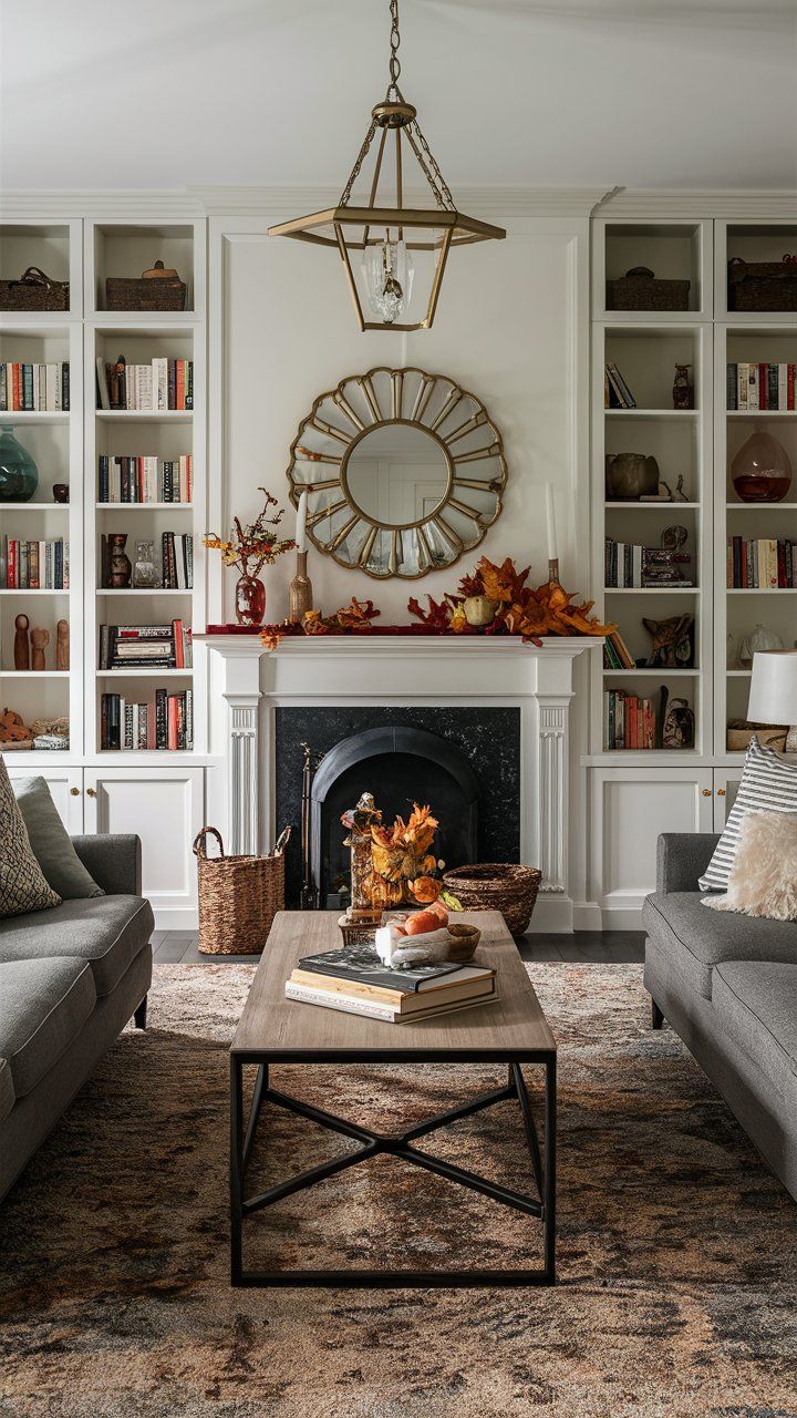 a living room with two couches and a coffee table in front of a fireplace