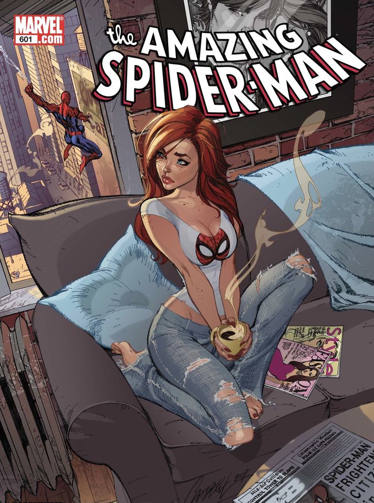 the cover to amazing spider - man, featuring a woman sitting on a couch in front of