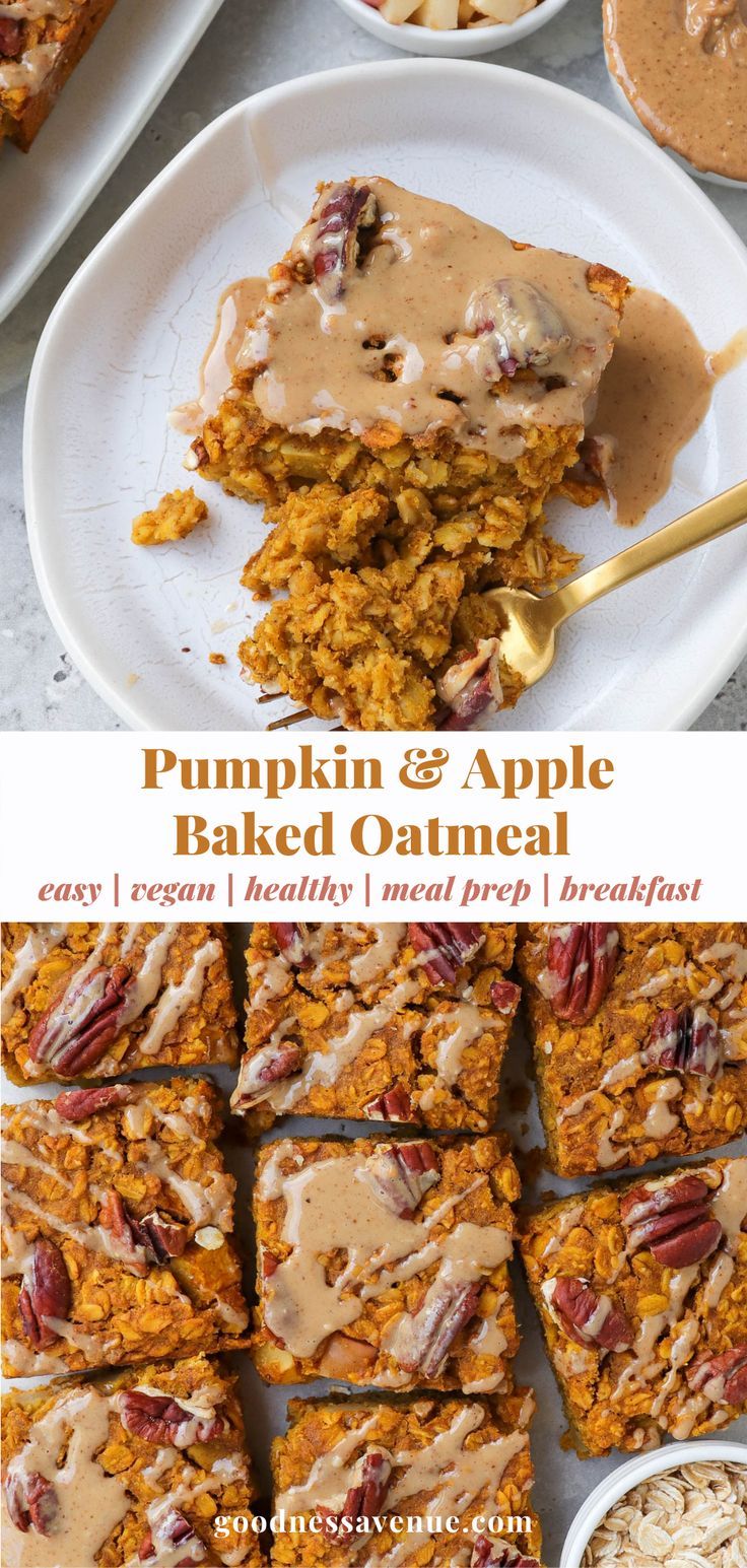 Sliced up baked oatmeal. Vegan Pumpkin Apple Baked Oatmeal, Pumpkin Oatmeal Recipes Breakfast, Apple Pumpkin Oatmeal, Fall Oatmeal Bake, Pumpkin Oatmeal Dessert, Vegan Breakfast Bread Recipes, Vegan Pumpkin Oatmeal Bake, Pumpkin Breakfast Recipes Vegan, Apple Pumpkin Oatmeal Bake