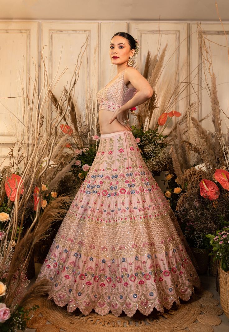 A pink, hand-embroidered zardozi lehenga with floral and geometric pattern is paired with a dainty checkered blouse and mint green dupatta.by Chamee and Palak.DELIVERY TIMEPlease allow 4-6 months for your outfit to arrive. FABRIC DETAILSRaw silk, Net Zardozi Lehenga, Green Dupatta, Checkered Blouse, Indian Fashion Trends, Lehenga Designs, 12 Weeks, Bridal Designs, Floral Chiffon, Cut Work