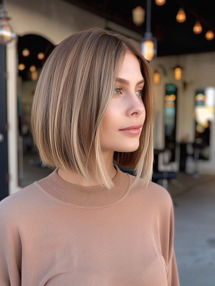 Trendsetting Bob Haircuts 2024: Modern Styles for a Timeless Look Celebs With Bobs, Bronde Bob Balayage, Bronde Bob Short, Light Brown Bob With Highlights, Straight Bob With Curtain Bangs, Light Brown Bob Haircut, Short Hair Brunette Balayage, Short Hairstyles 2024, Bob 2024 Trends