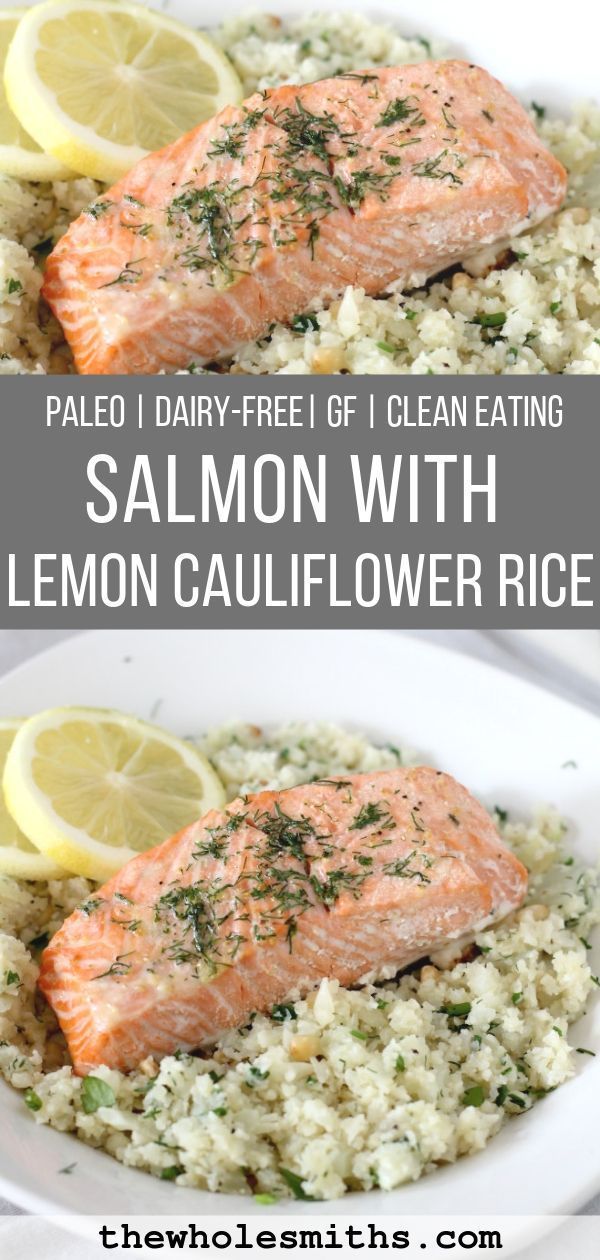 salmon with lemon cauliflower rice on a white plate and in the background there are two images