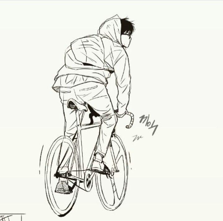 a drawing of a person on a bike wearing a hoodie and riding the bike