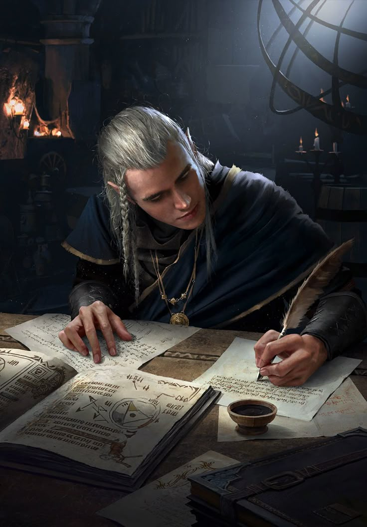 a man sitting at a table writing on some paper with a candle in the background