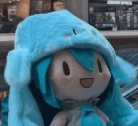 a stuffed animal wearing a blue hat and blanket on top of it's head