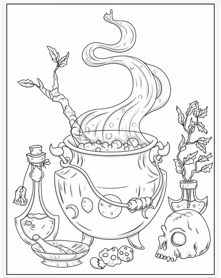 a coloring page with an image of a witches caulder and other items to color