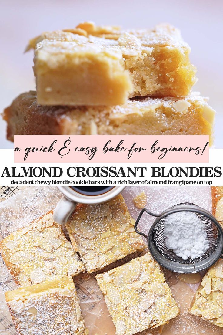 several pieces of almond croissant blondies stacked on top of each other with powdered sugar in the middle