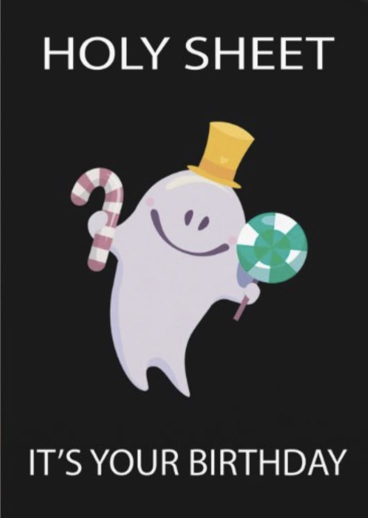 a happy birthday card with a ghost holding a lollipop