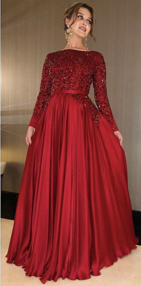 Long Sleeves Floor Length Satin Evening Dresses Sequin Beaded Modest Prom Dresses Long, Prom Dresses Long Sleeve, Prom Dresses Long Modest, Hijab Gown, Dresses Patterns, Modest Prom Dresses, Daughter Dress, Modest Clothes, Dresses Sequin