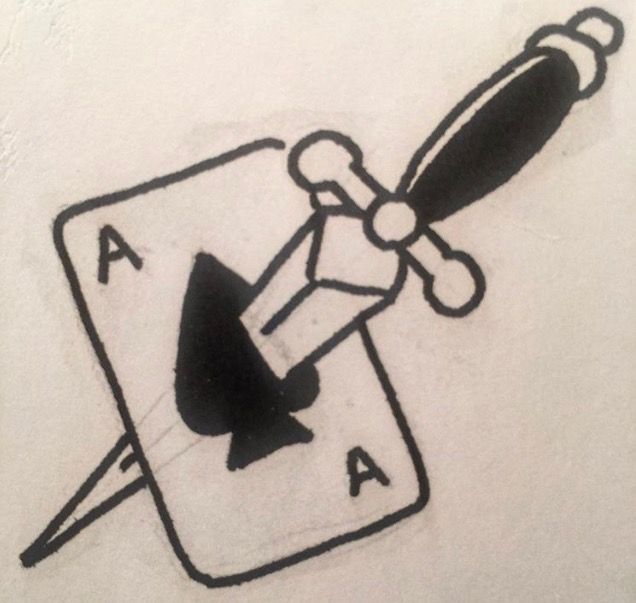 a black and white drawing of a playing card with a bat on it's back