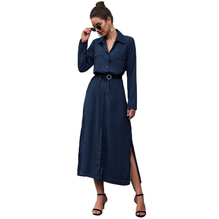 Navy Blue Button Down Split Maxi Shirt Dress Spring Office Wear Button-up Shirt Dress, Blue Button-up Midi Dress For Office, Blue Collared Dress With Button Closure, Blue Shirt Dress With Button Closure For Day Out, Collared Shirt Dress For Office Wear, Elegant Single Breasted Button-up Shirt Dress, Blue Button-up Dress For Date Night, Elegant Blue Shirt Dress With Button Closure, Single-breasted Button-up Office Dress