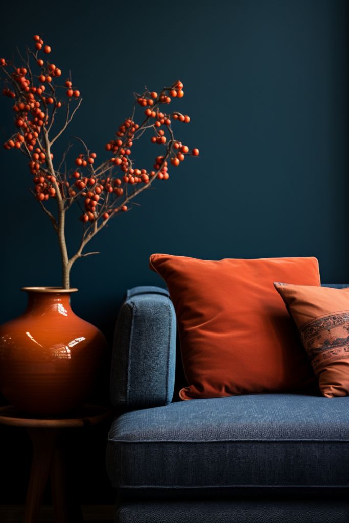 a blue couch sitting next to a vase with red berries on it