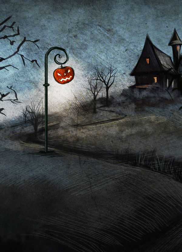 a halloween scene with an orange pumpkin on a street light in the foreground and a spooky house in the background