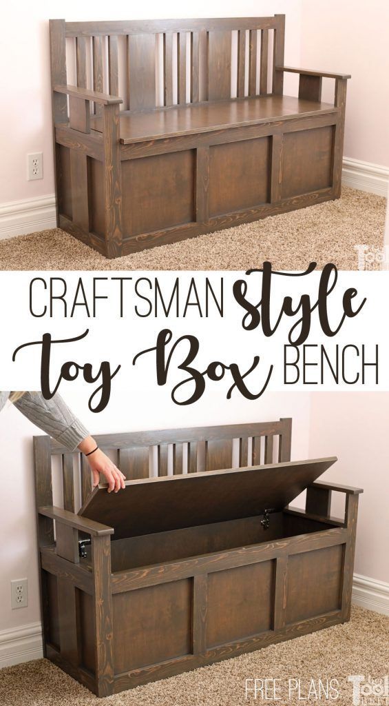 a wooden toy box bench with the words craftsman style toy box bench on top and bottom