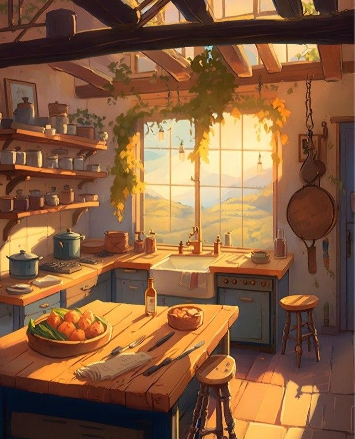 a painting of a kitchen with an island in front of the window, and a bowl of fruit on the counter