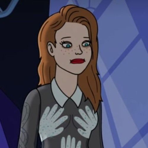 an animated woman with red hair and blue eyes