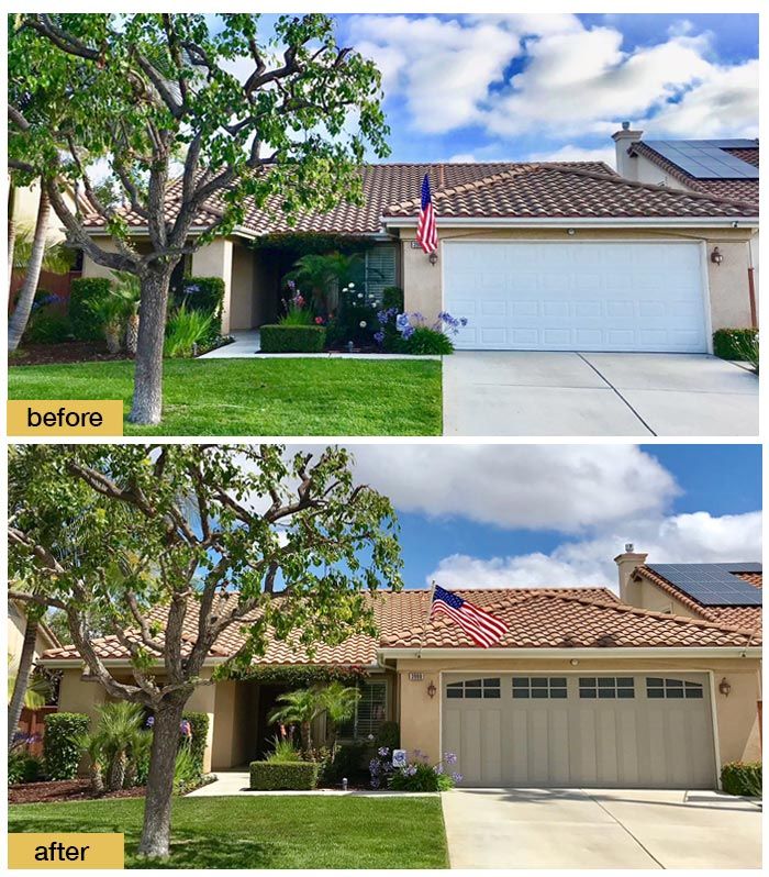 before and after photos of a house with an american flag in the front yard, from top to bottom